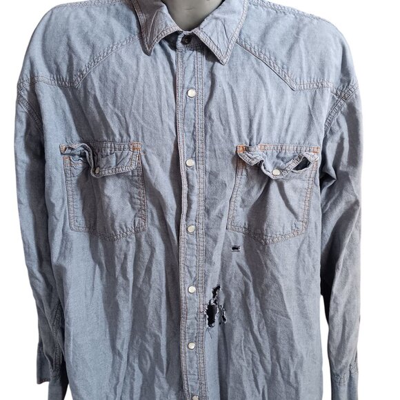 Key Mens 2XL Western Shirt Denim Distressed Holes Fray Cowboy - Picture 1 of 5